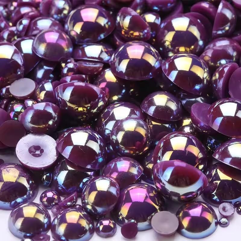 VADQZA 1000PCS Mixed Sizes 3/4/5/6/8/10mm Flatback Half Round Pearls Gems for Crafting, AB Color Pearl Beads Stones for Crafts Jewelry Clothes Shoes Dress Nail Art Making Embellishments (Deep Purple AB) - Image 1